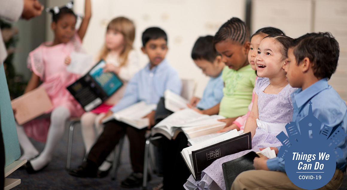 Children bible study with covid 19 badge