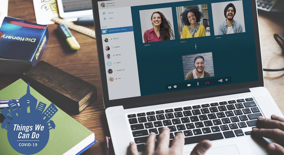 Stock virtual meeting with badge