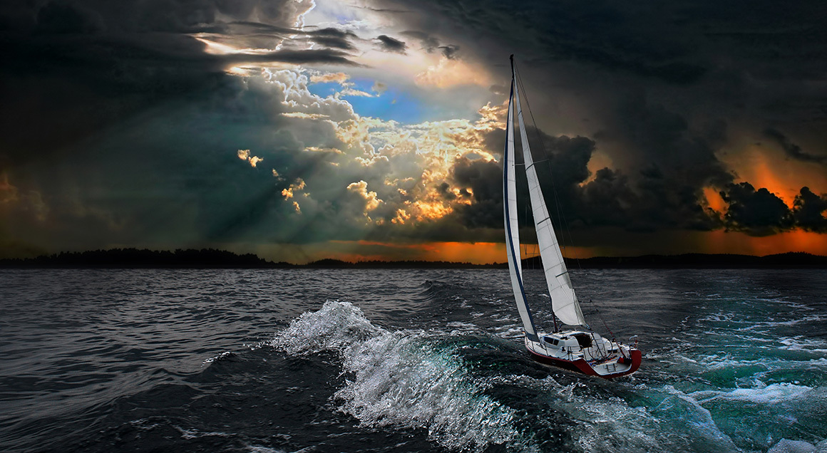 I S Boat Sailing Toward Horizon