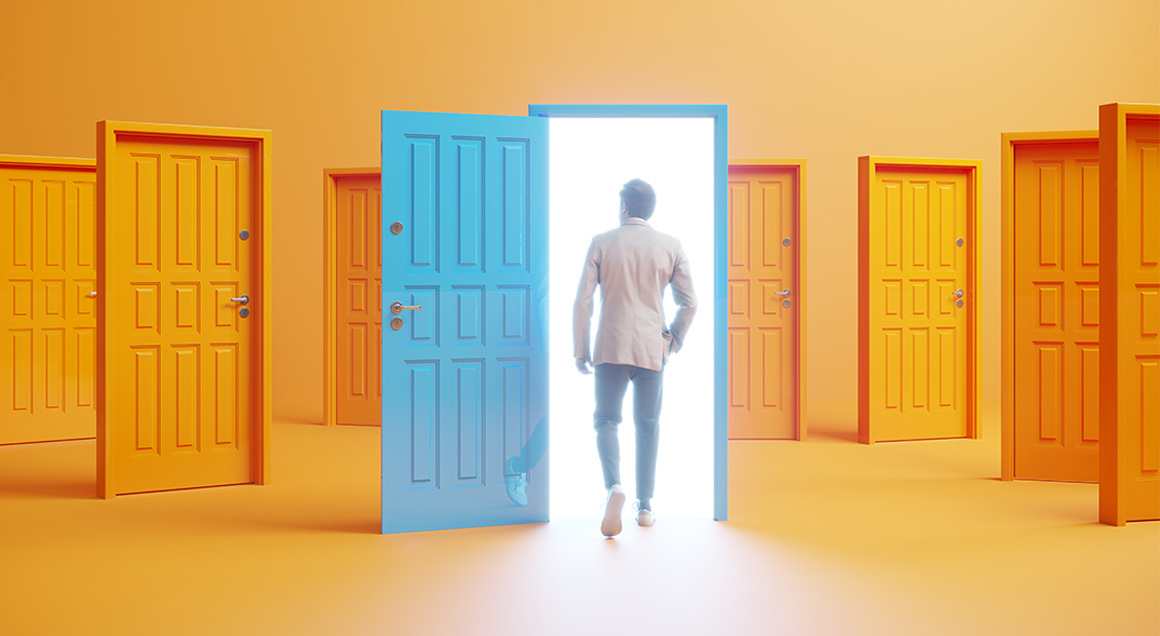 I S Man Walking Thru Blue Door